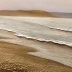 WHISPERING TIDES textured coastal landscape painting, impasto beige sand, white frothy waves.