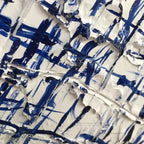 Javier Ramirez's BLUE GRID abstract painting: Textured white with blue lines, minimalist modern art.