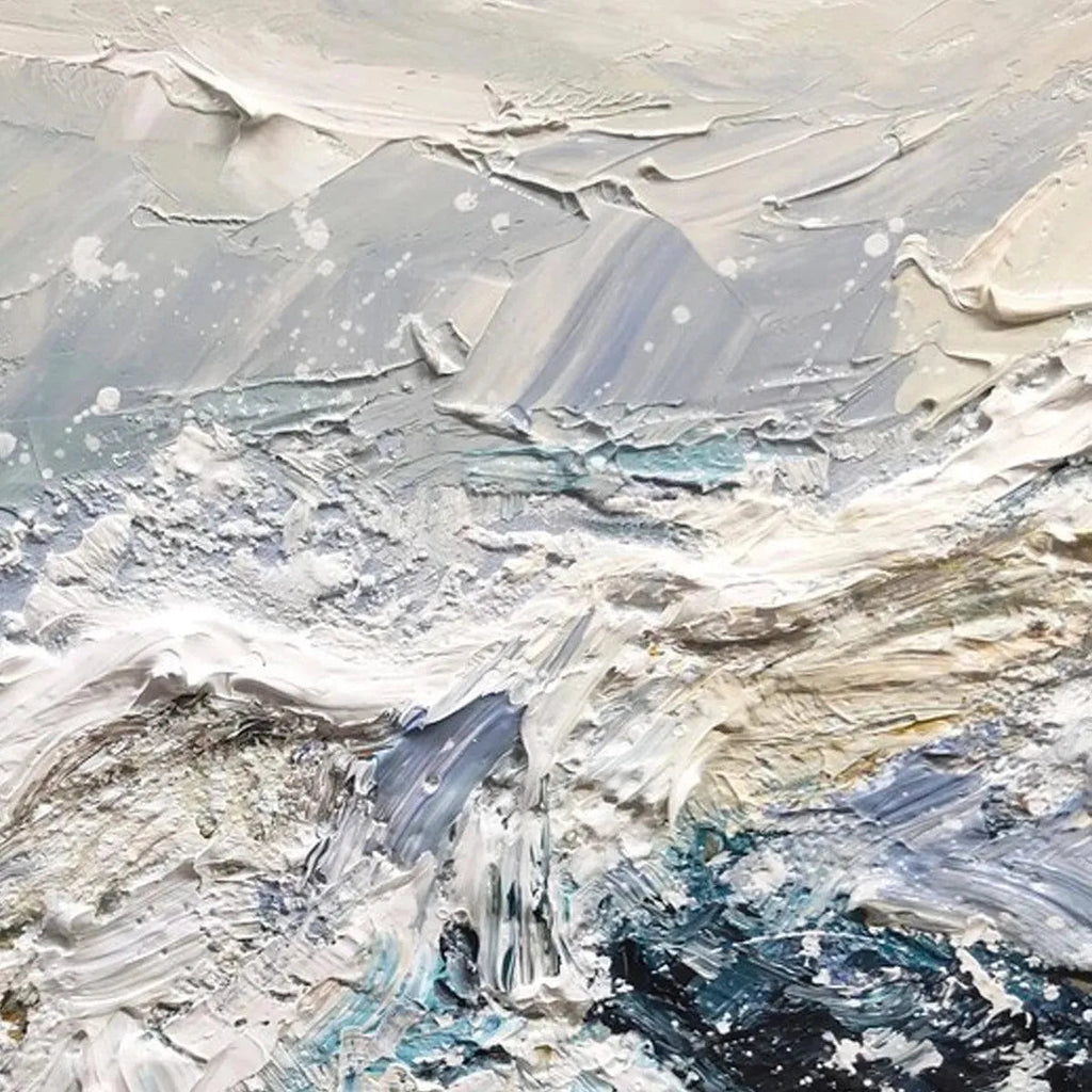 Frozen Motion abstract art by Liam O'Connell, featuring textured layers in white, teal and blue, enhancing any living space