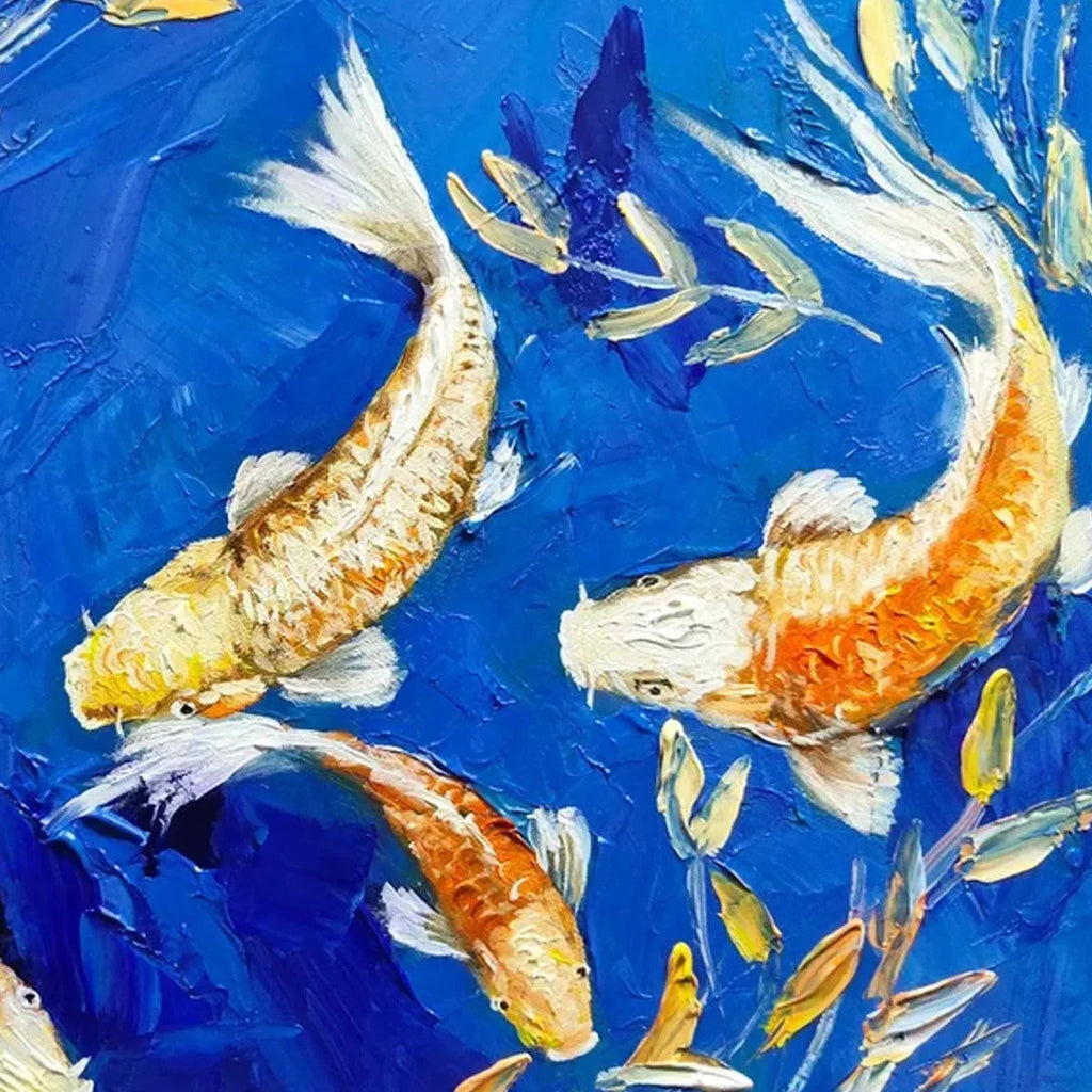 Vibrant impasto Golden Koi oil painting on blue, showcasing prominent texture and thick, expressive brushstrokes.