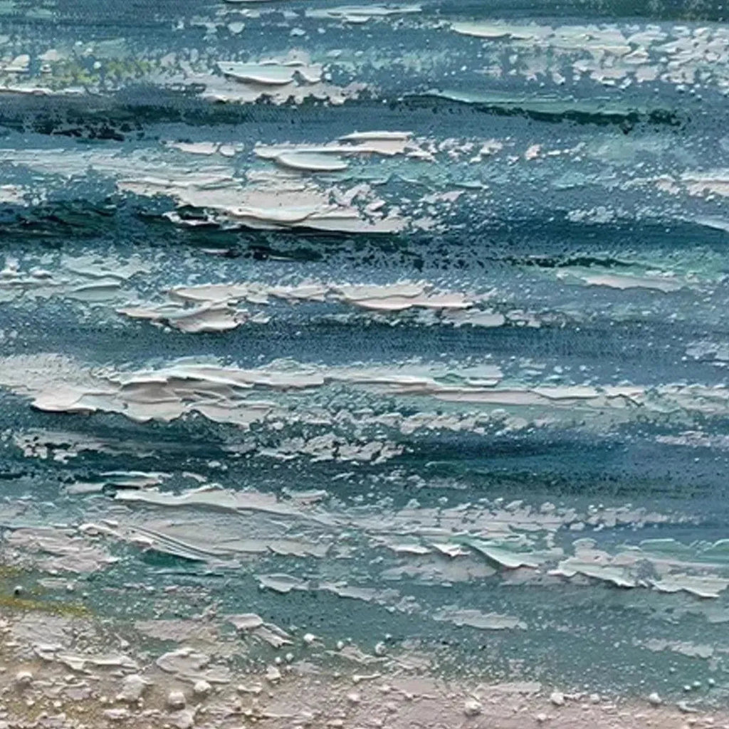 Impasto texture detail of Red Boat at the Shore painting, showcasing sculpted blue ocean waves meeting a sandy beach.