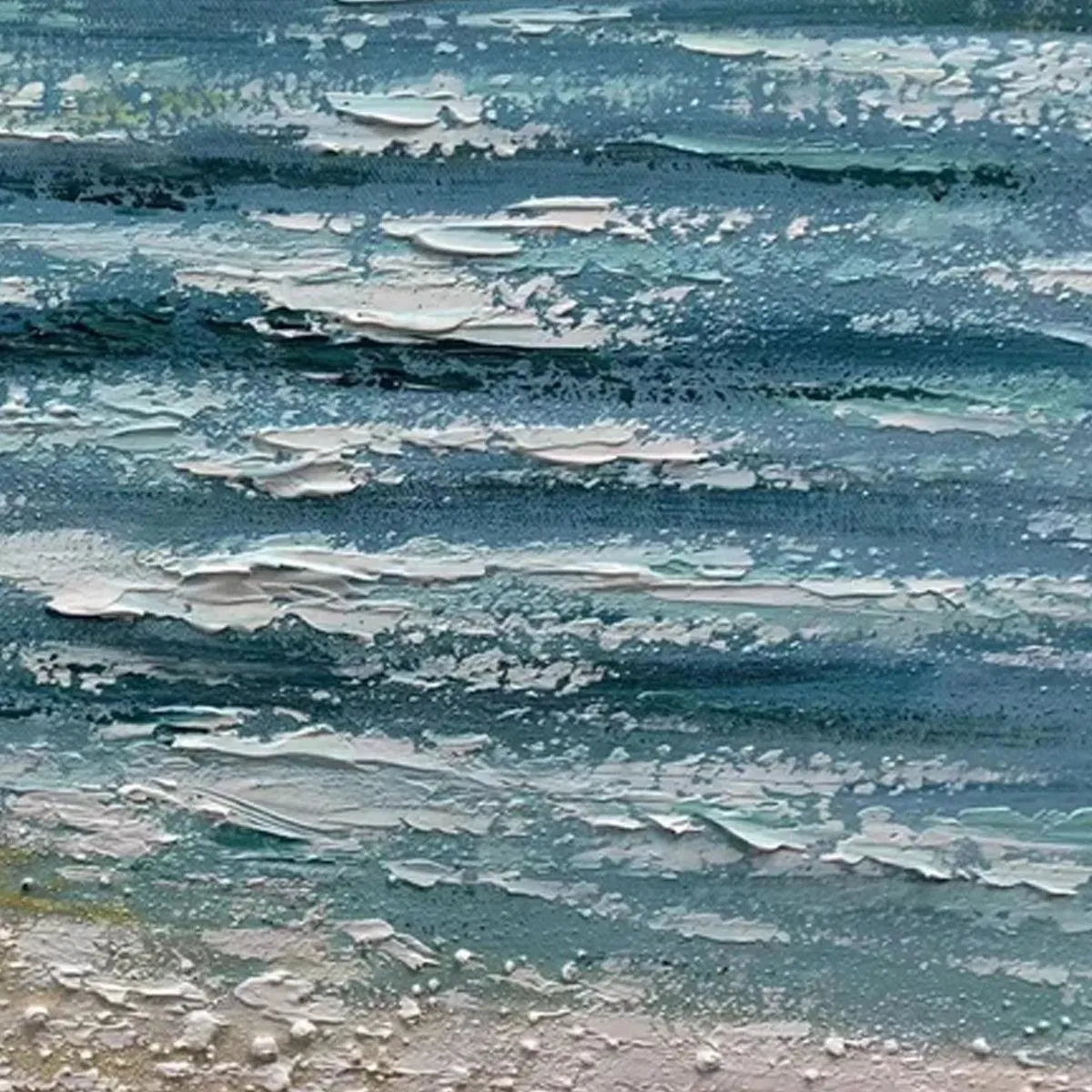 Impasto texture detail of Red Boat at the Shore painting, showcasing sculpted blue ocean waves meeting a sandy beach.