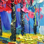 Close-up detail of 'Autumn Walk' impasto oil painting showing thick textured brushstrokes in blue sky and red foliage.