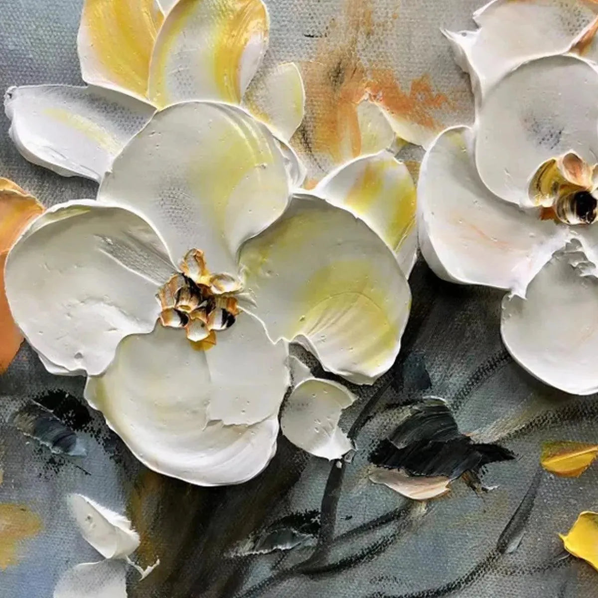 Textured white & gold floral painting detail: Spring Blossoms' 3D impasto brushwork, vibrant petals on grey.