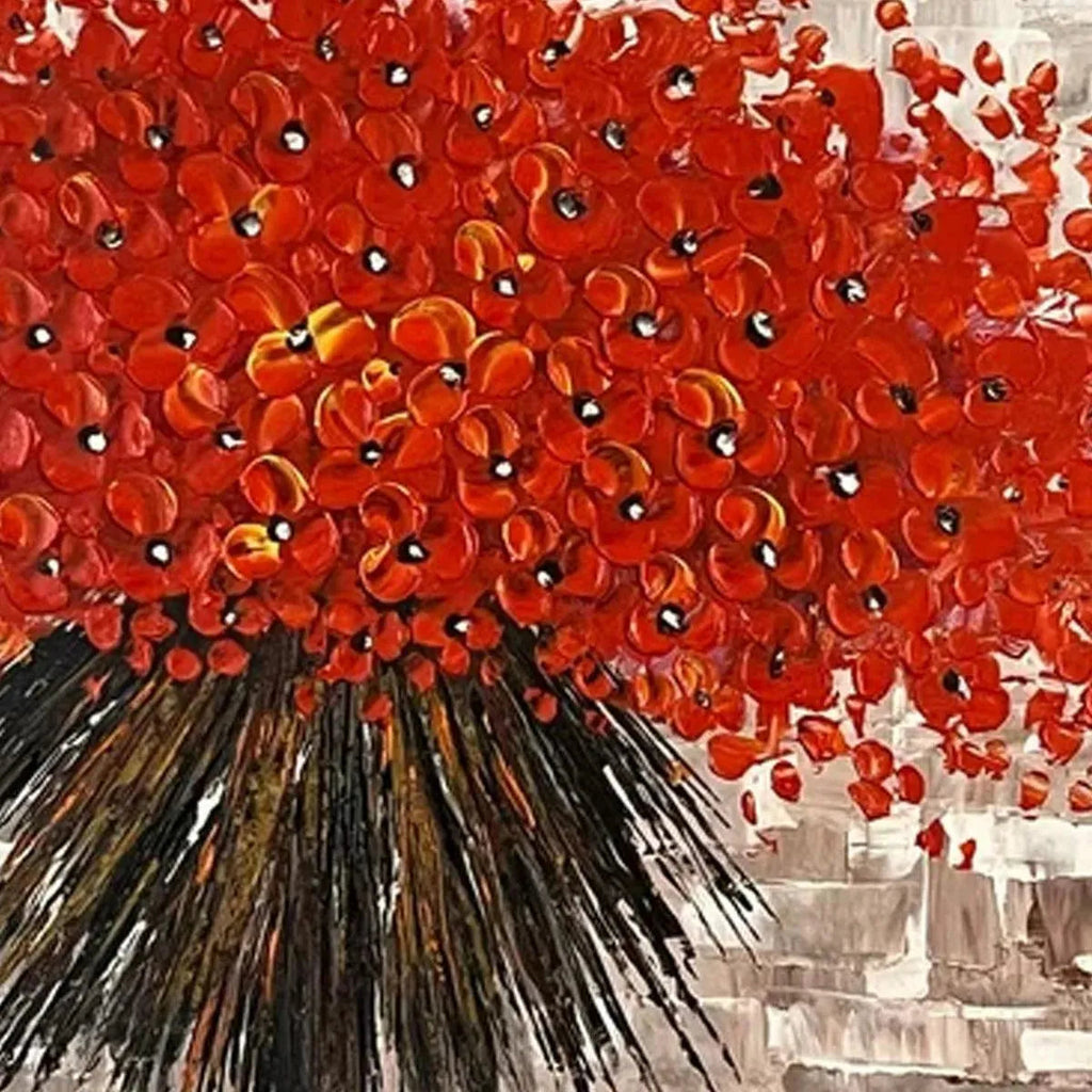 Crimson Burst textured impasto floral painting detail: vibrant red flowers, thick brushstrokes, 3D texture by Isabella Rossi.