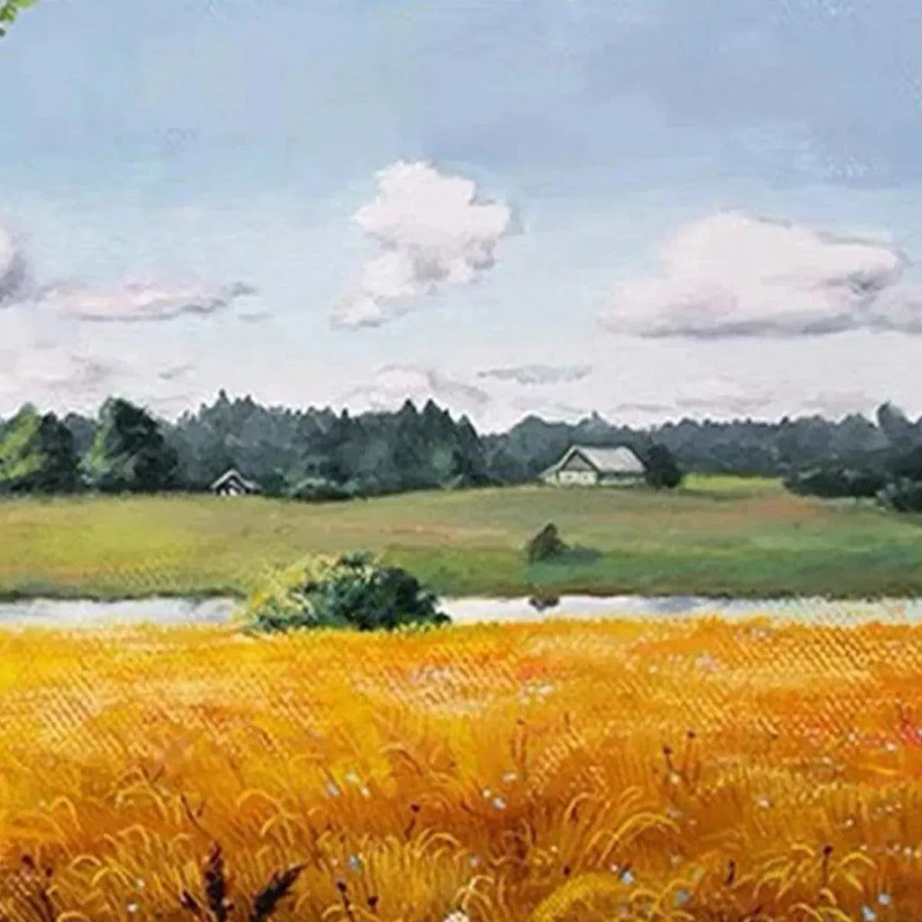 Textured close-up of 'Golden Harvest' oil painting: vibrant golden field, serene lake, distant farmhouses, blue sky.