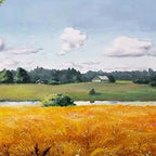 Textured close-up of 'Golden Harvest' oil painting: vibrant golden field, serene lake, distant farmhouses, blue sky.