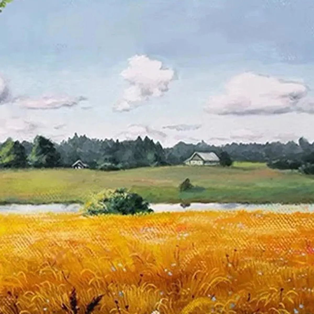 Textured close-up of 'Golden Harvest' oil painting: vibrant golden field, serene lake, distant farmhouses, blue sky.