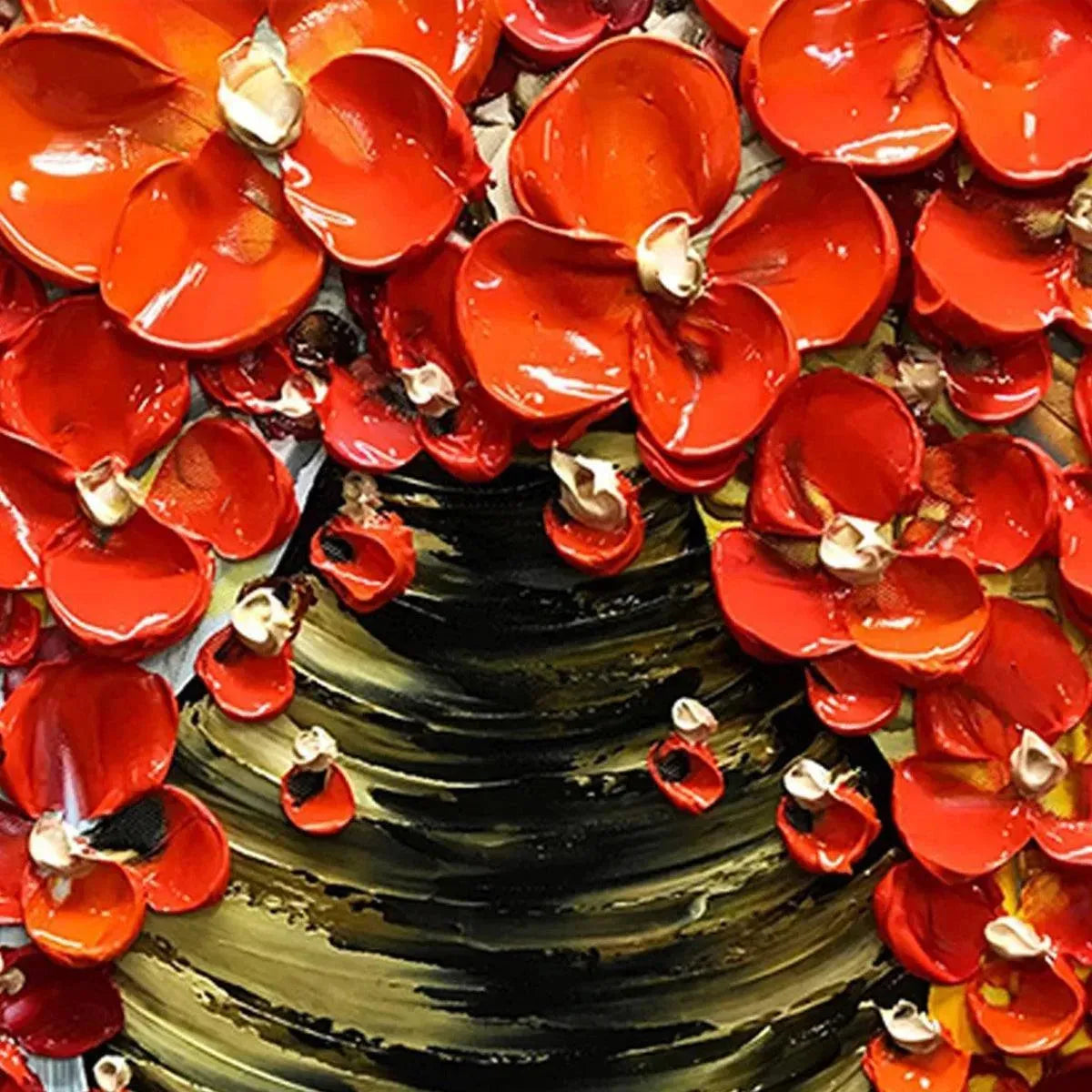 Close-up of Crimson Bouquet impasto art, showcasing vibrant 3D red flowers and dramatic textured vase.