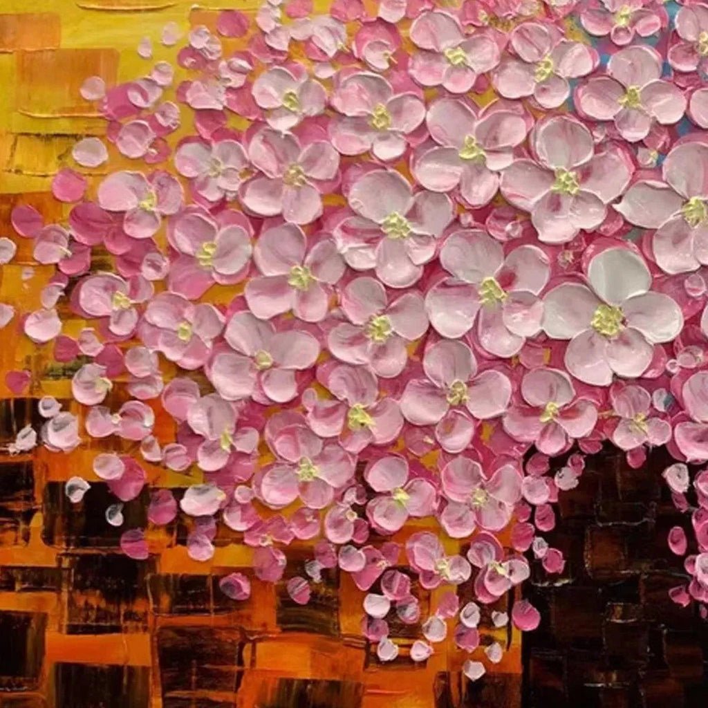 Textured impasto detail: Pink Blossom Dream painting with pink, white blossoms on golden-amber.