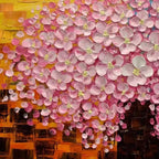 Textured impasto detail: Pink Blossom Dream painting with pink, white blossoms on golden-amber.
