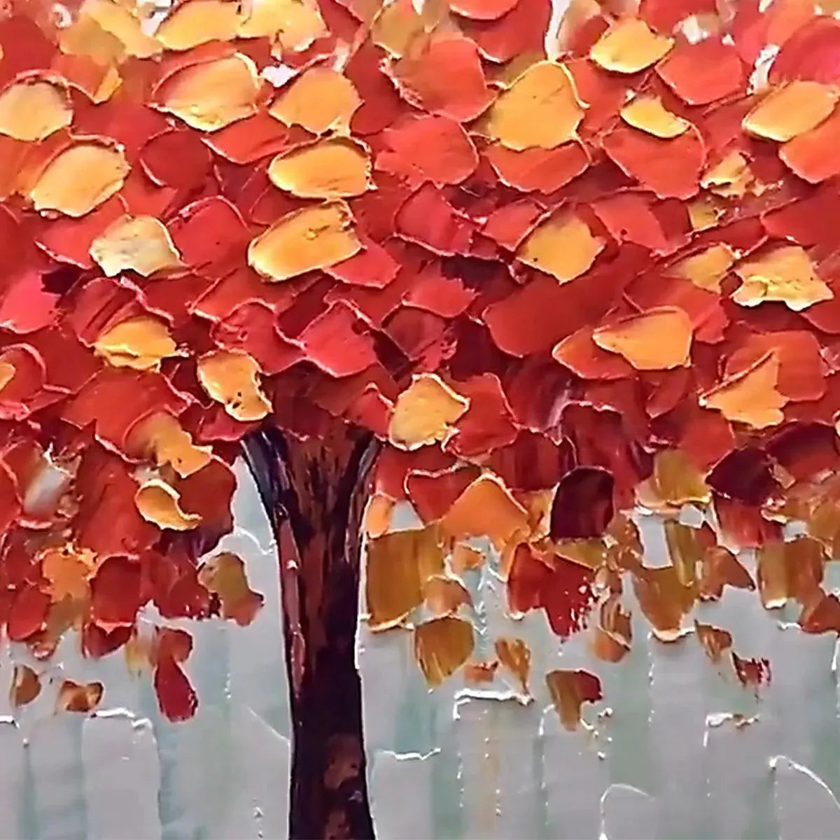 Textured impasto tree painting close-up with vibrant orange and red autumn leaves, showcasing bold paint strokes.