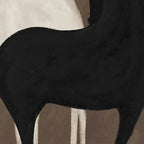 Javier Ramirez 'Two Horses on Brown' minimalist art, black horse against brown backdrop, vertical wall art.