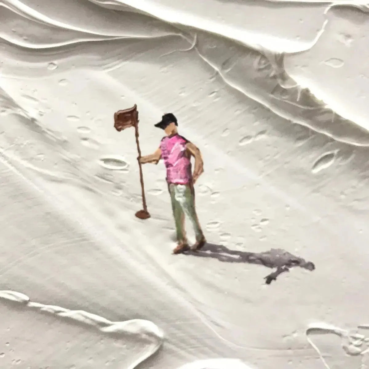 White Greens textured abstract painting by Liam O'Connell: golfer with flag on white landscape.
