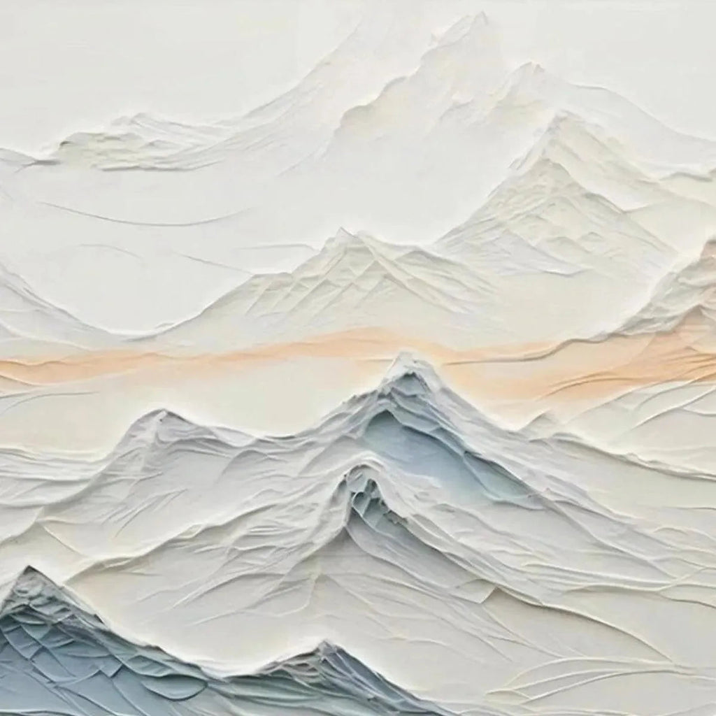 Textured abstract mountain painting 'Tranquil Peaks' by Chen Liu, beige, blue, peach hues.