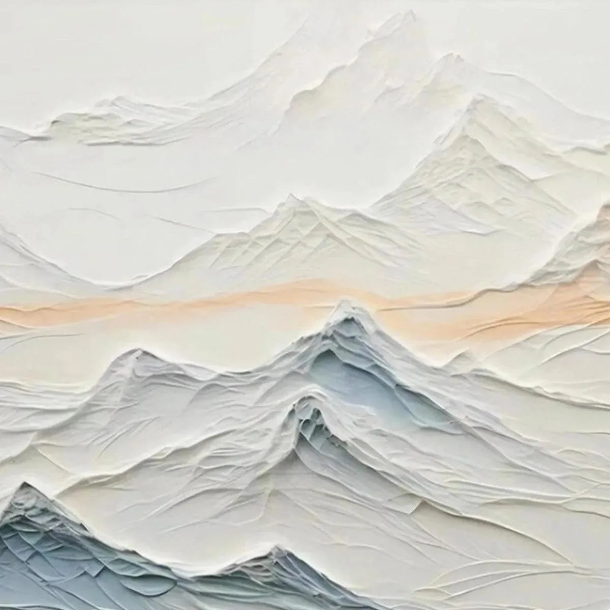 Textured abstract mountain painting 'Tranquil Peaks' by Chen Liu, beige, blue, peach hues.