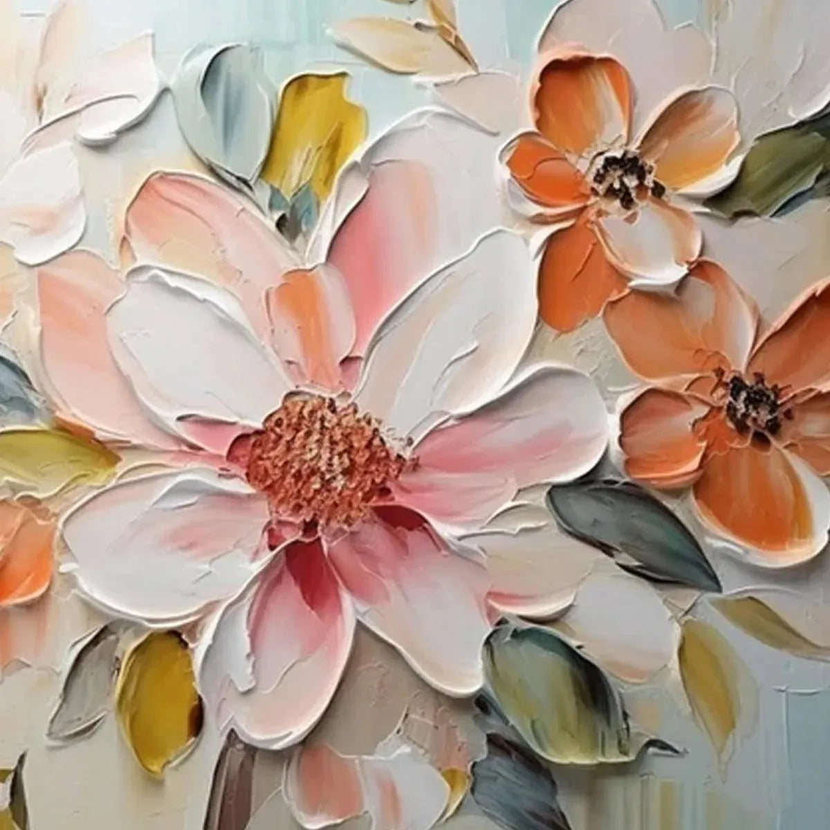 Textured impasto painting of peach and white blossoms by Isabella Rossi. Close-up floral detail, thick brushstrokes.