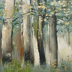 Original oil painting: green and gold forest landscape, impasto texture, visible brushstrokes.