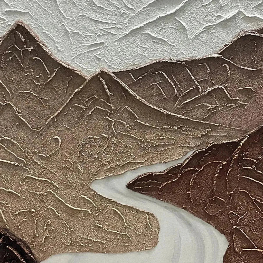 EARTH RIVER textured painting: Brown and white layered mountains with a winding river, Chen Liu minimalist art.