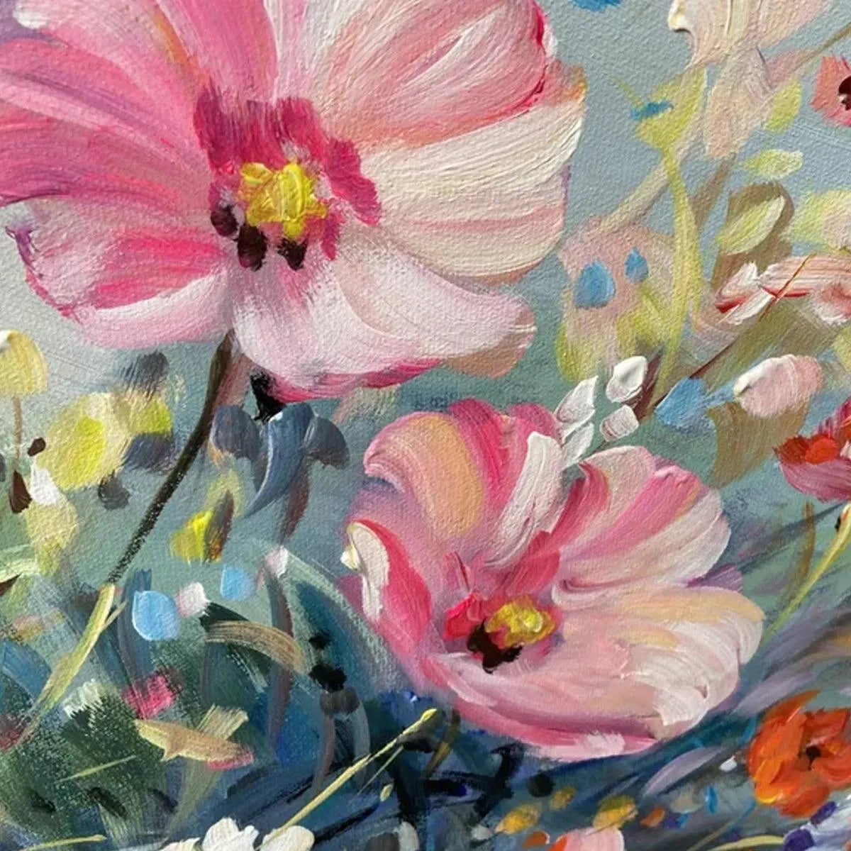 Close-up impasto painting of pink and white wildflowers, yellow centers, textured brushstrokes by Isabella Rossi.