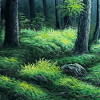 FOREST PATH: Liam O'Connell panoramic green forest oil painting with dappled sunlight on mossy ground.