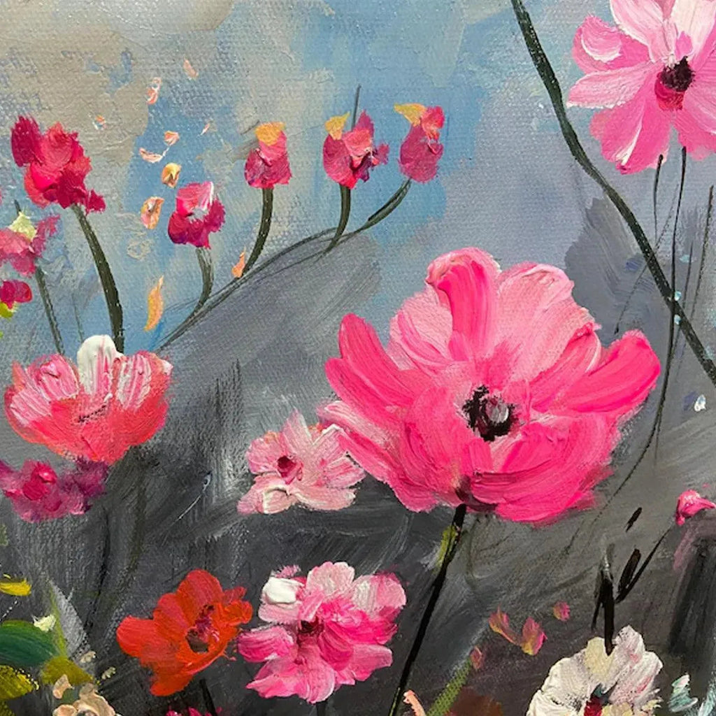 Summer Bloom floral painting by Isabella Rossi: Pink and white textured flowers on grey background. Art for living room.