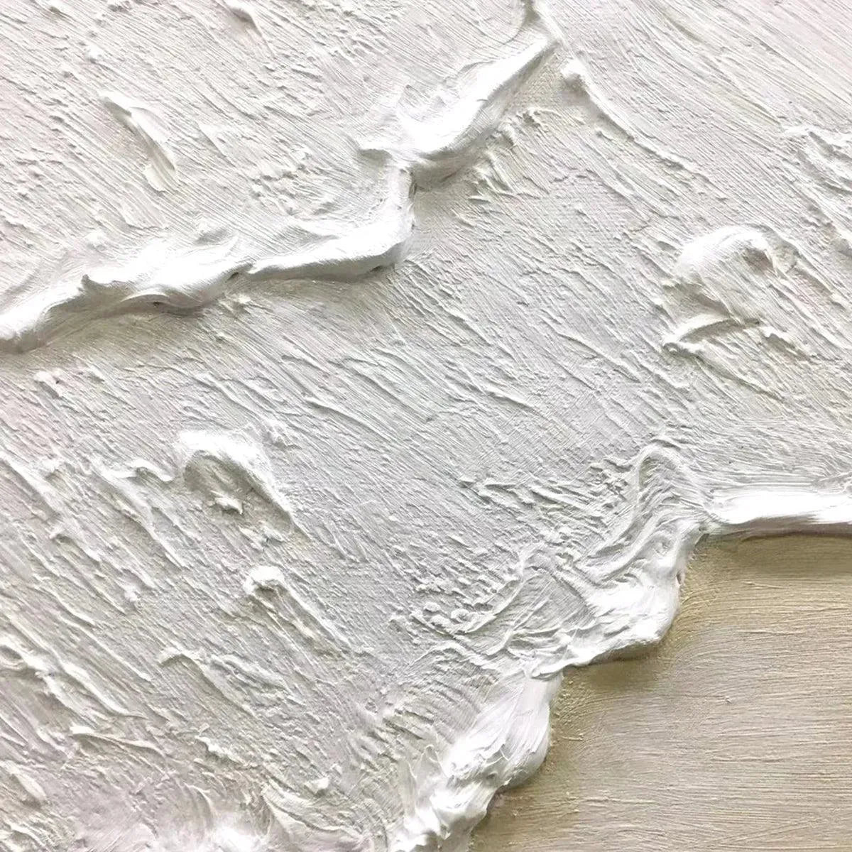 Close-up of White Wave abstract painting by Liam O'Connell, textured impasto white waves on beige background.