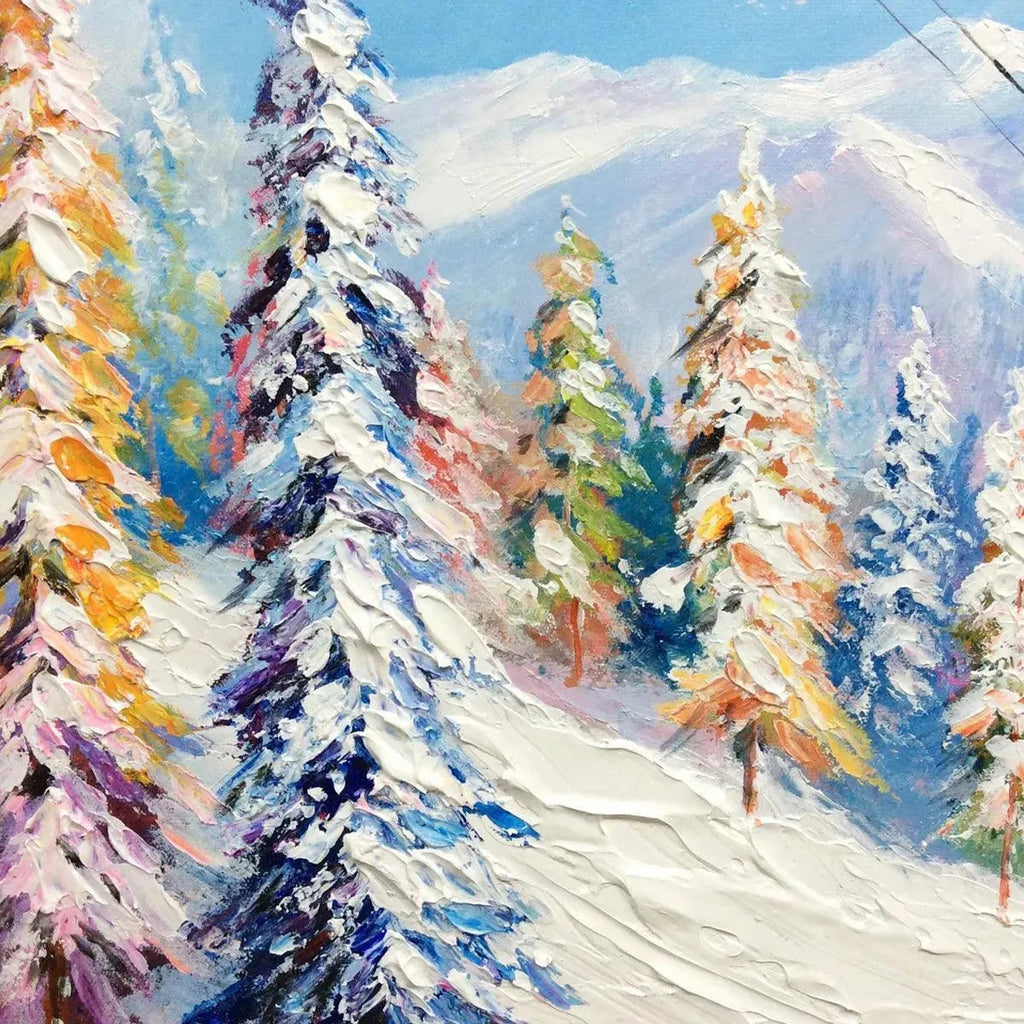 Original impasto oil painting, Snowy Slopes ski resort by Chak Yu Lam, vibrant colors, texture.