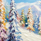 Original impasto oil painting, Snowy Slopes ski resort by Chak Yu Lam, vibrant colors, texture.