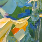 Close-up impasto texture of Blue Ridge Mountains landscape painting in blues, greens, and yellows by Isabella Rossi.