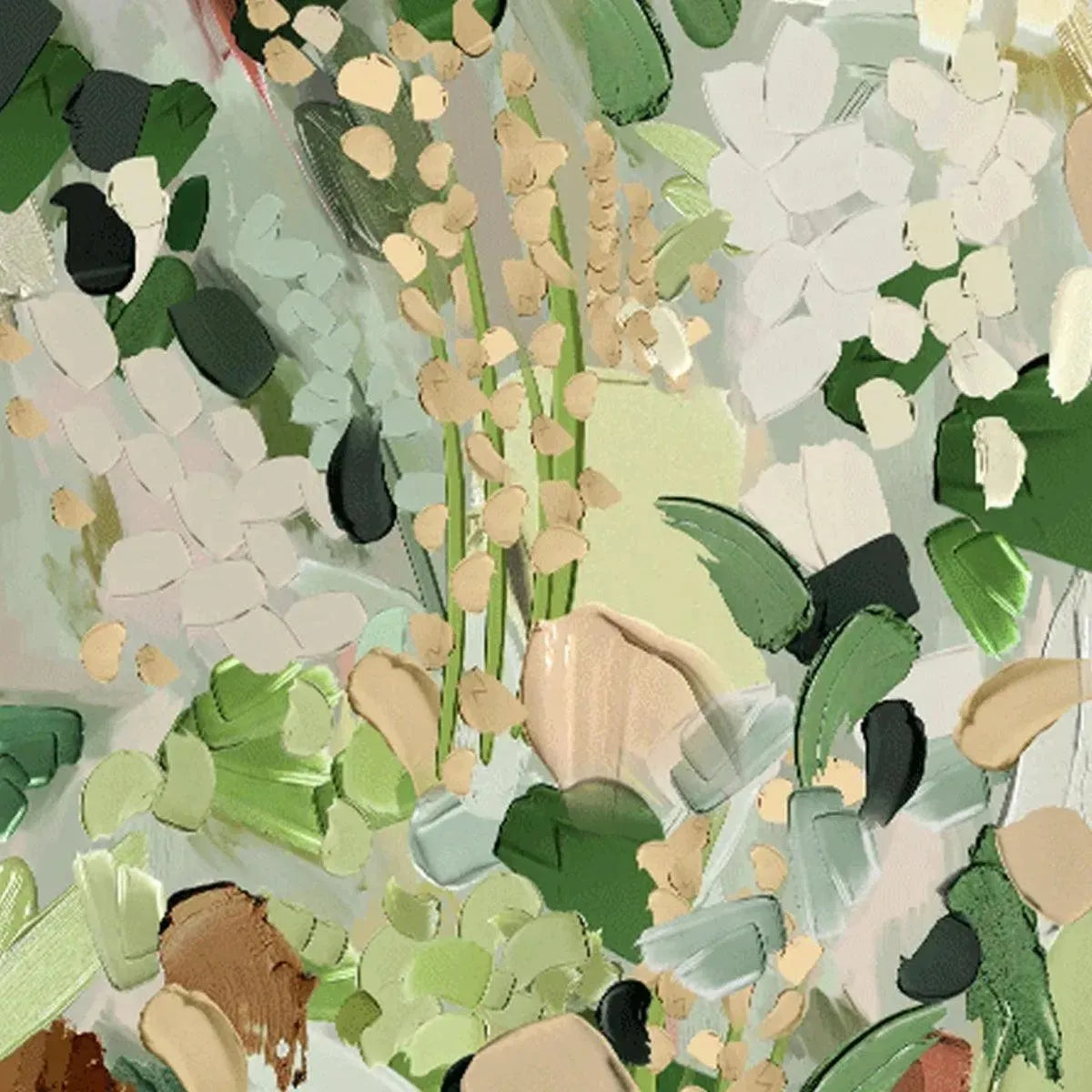 Close-up of 'Whispering Meadow' abstract floral painting, showcasing green, white, and gold impasto texture.