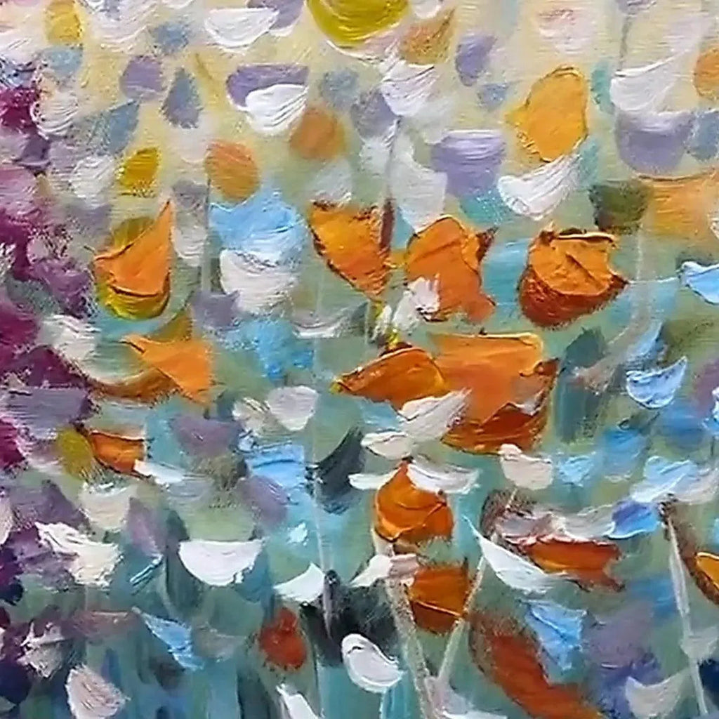Close-up impasto painting of a wildflower meadow with textured brushstrokes in vibrant orange, purple, blue, and white.