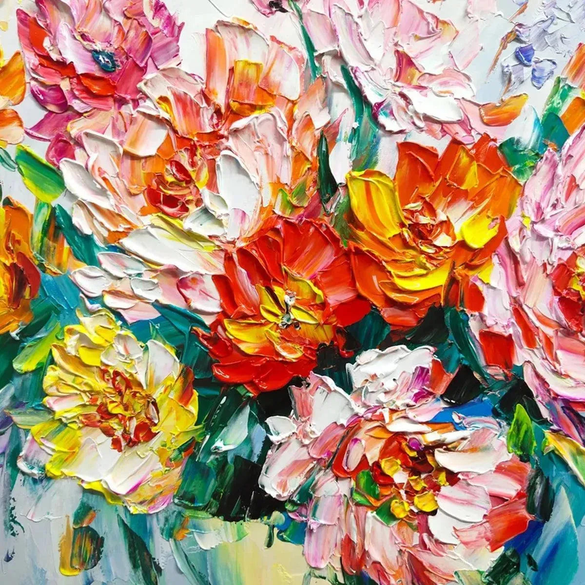 Isabella Rossi's vibrant impasto floral bouquet painting with textured brushstrokes in pink, orange, red, yellow.