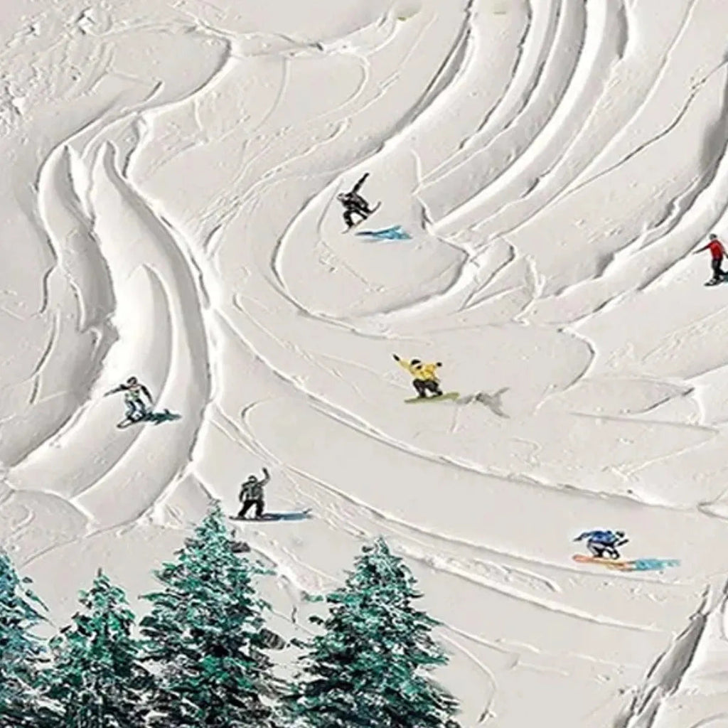 Textured impasto painting: Snowy Peaks with skiers on a white mountain. Emphasizes brushstrokes and dynamic winter scene.