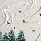 Textured impasto painting: Snowy Peaks with skiers on a white mountain. Emphasizes brushstrokes and dynamic winter scene.
