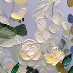 Textured impasto painting: Spring Meadow artwork detail with white roses, yellow flowers, and butterfly.