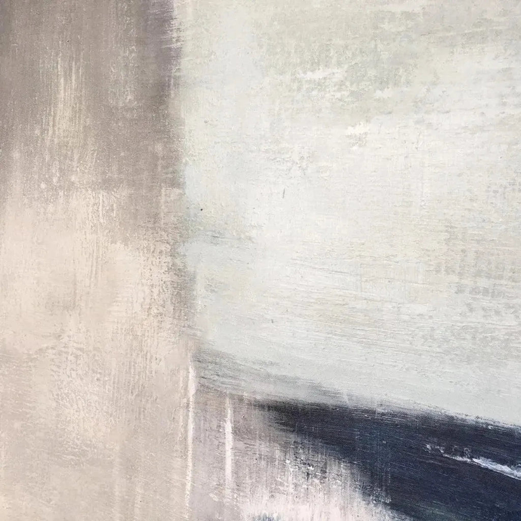 Javier Ramirez 'Serene Shore' abstract coastal painting, blue and beige tones, modern art for home decor