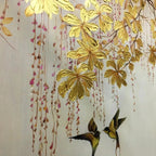Close-up of Golden Garden oil painting by Chen Liu: textured gold leaves, pink blossoms, and two birds.
