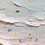 Willow Davies' Summer Beach painting detail. Textured impasto of swimmers and surfers in the waves, vibrant colors on canvas.
