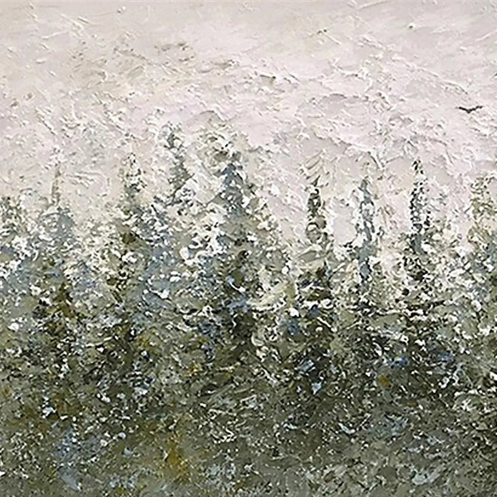 Misty Forest textured painting by Liam O'Connell: dense evergreen trees in hazy light, one bird silhouette.