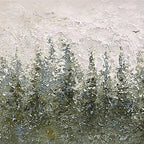 Misty Forest textured painting by Liam O'Connell: dense evergreen trees in hazy light, one bird silhouette.