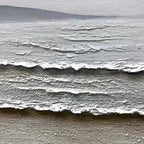 Close-up of 'Whispering Tides' painting showing thick impasto texture of beige sand and white frothy waves.