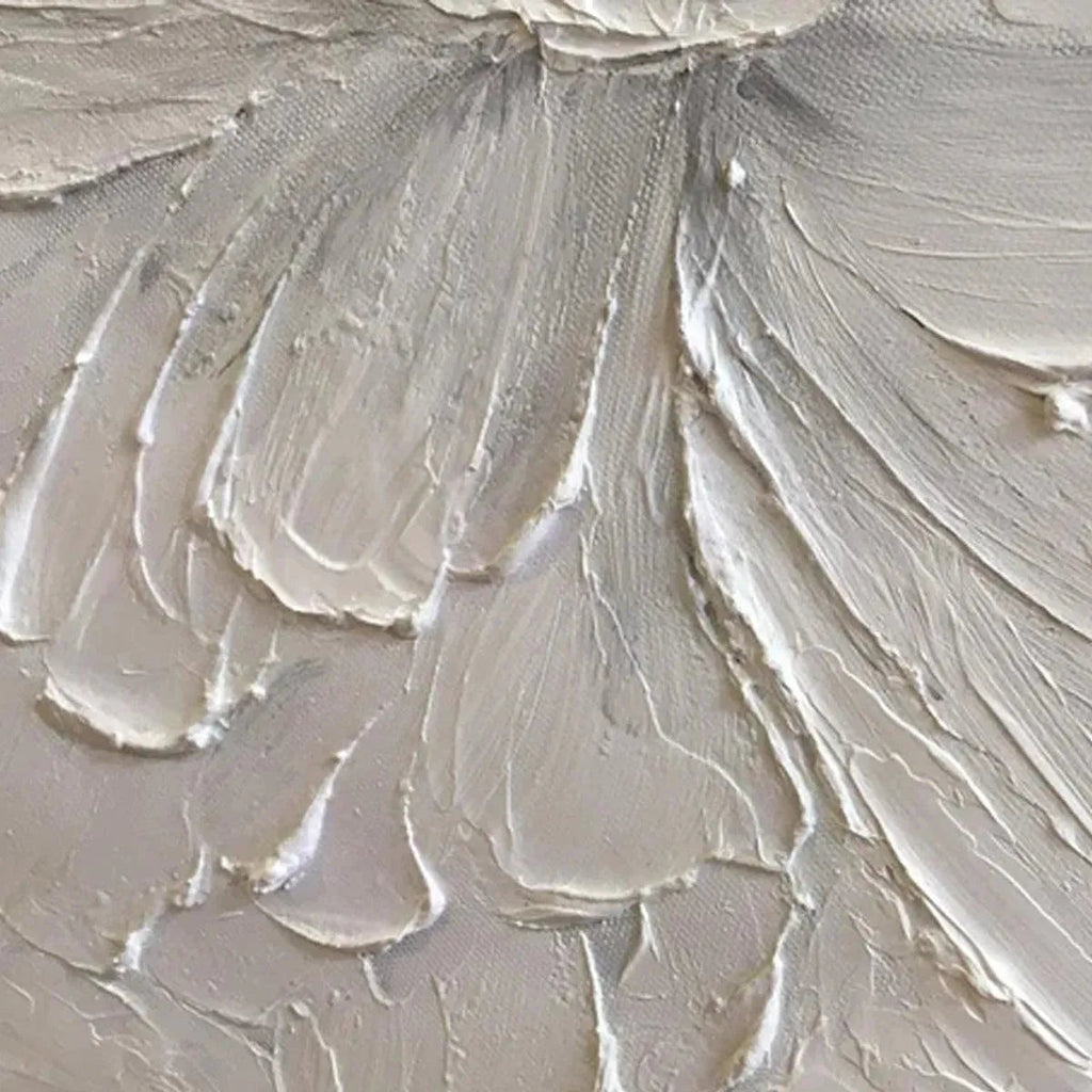 Close-up of textured white peony petals, impasto style, original artwork by Elodie Dubois for MontCarta.