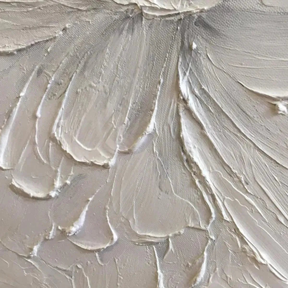 Close-up of textured white peony petals, impasto style, original artwork by Elodie Dubois for MontCarta.