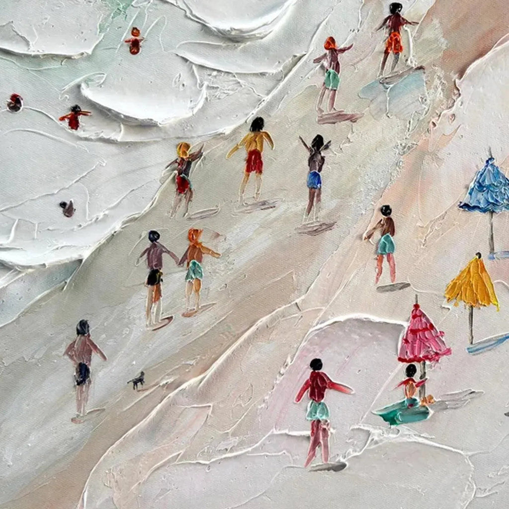 Textured impasto beach scene art by Isabella Rossi, showcasing colorful umbrellas and figures enjoying the day.
