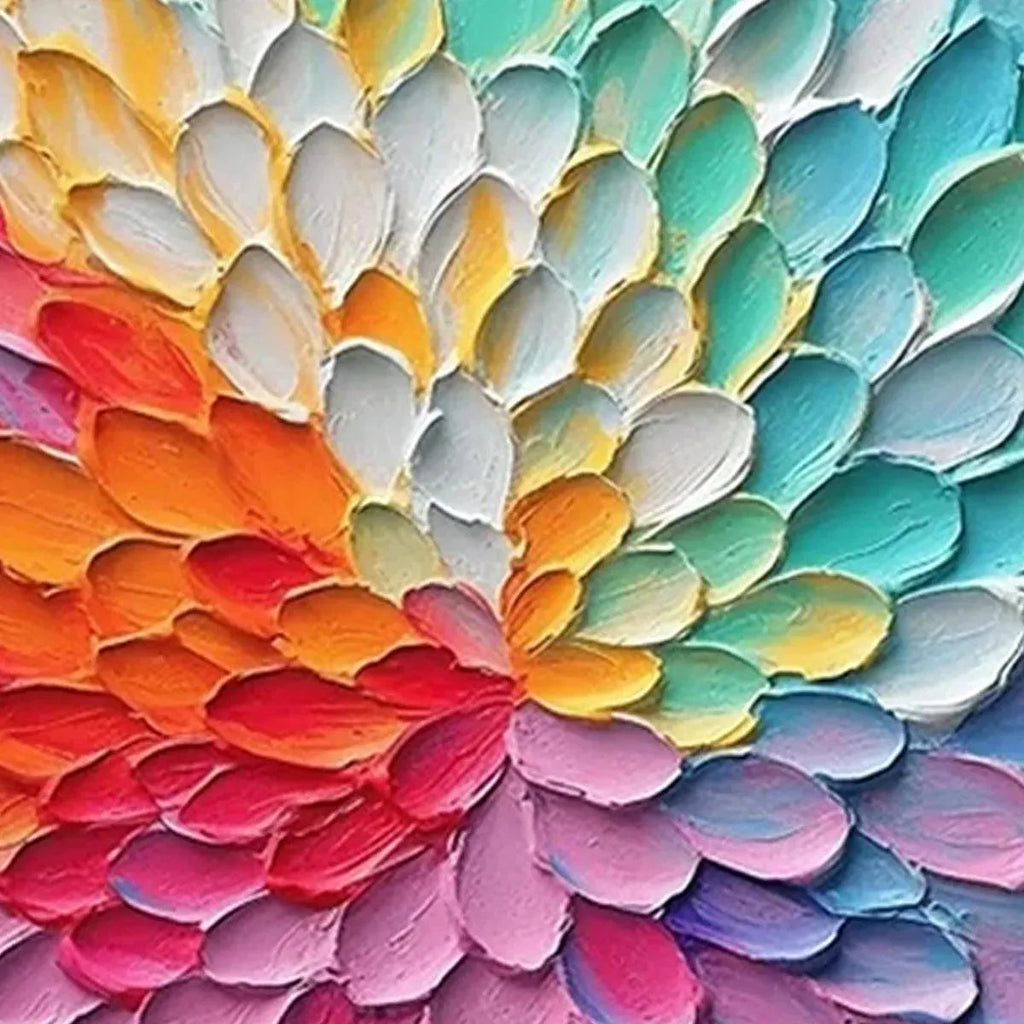 RAINBOW BURST by Isabella Rossi. Impasto texture with vibrant rainbow brushstrokes, square artwork.