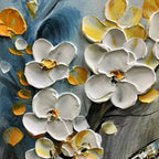 Impasto floral detail: sculptural white blossoms with gold & yellow accents on blue/gray, from 'Spring Blossoms' painting.