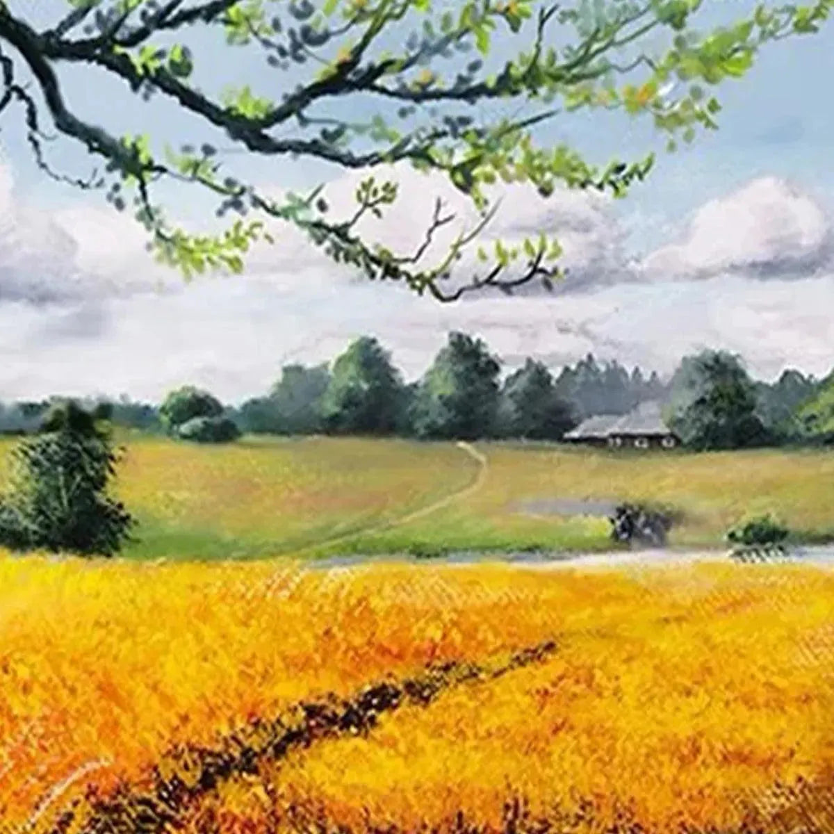 Golden Harvest painting: textured brushwork detail of golden field, winding path, farmhouse, tree branches.