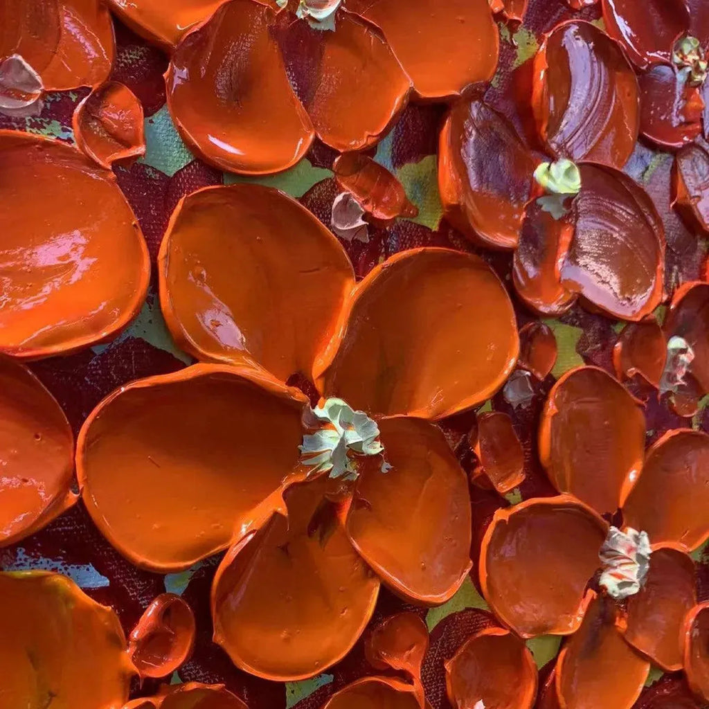 Crimson Bouquet: Extreme close-up of thick 3D impasto texture on vibrant red floral petals.