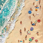 Textured aerial painting of beach with turquoise waves, golden sand, figures, and umbrellas. Isabella Rossi artwork.